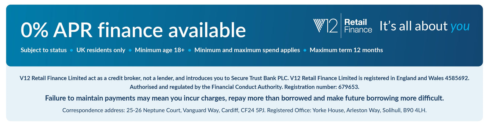 0% APR finance available at Airdrop Bikes via V12 Retail Finance