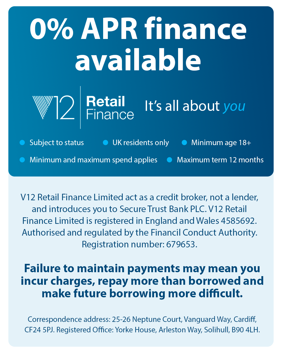 0% APR finance available at Airdrop Bikes via V12 Retail Finance